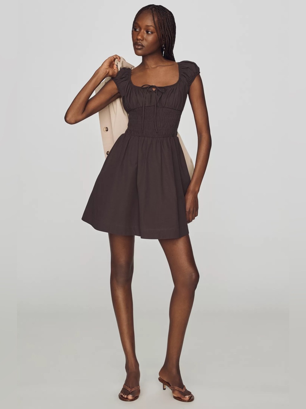 NWT By Anthropologie Cotton Smocked Mini Dress Seal Brown Cap Sleeves Romantic